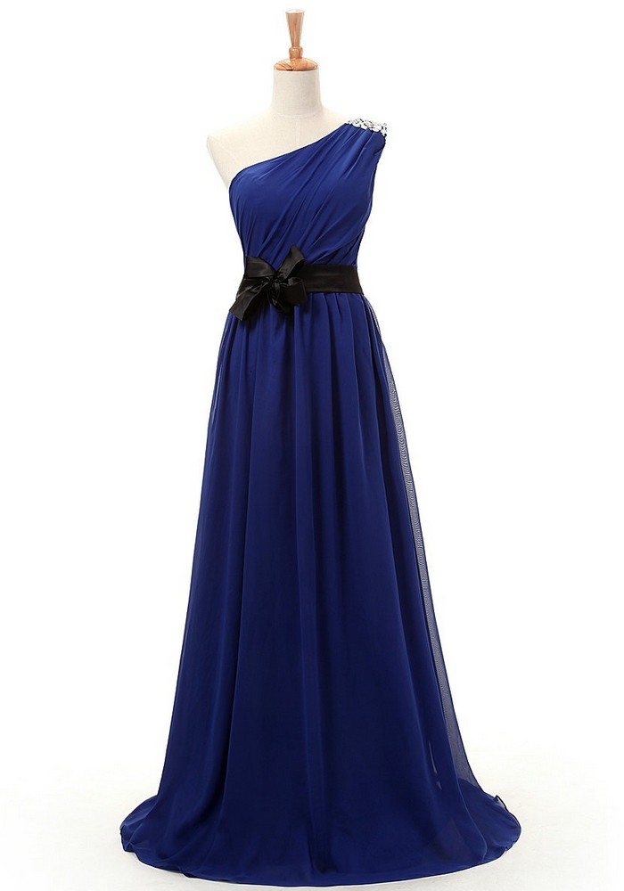 blue one shoulder evening gown