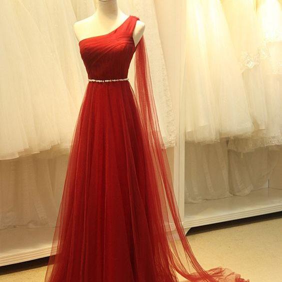 Pretty Tulle One Shoulder Prom Dress, Wine Red Long Simple Prom Dresses on Luulla