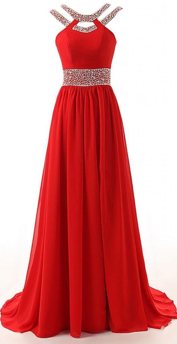 Long ALine Red Split Beaded Chiffon Evening Winter Formal Prom Dress,open Back Prom Dresses