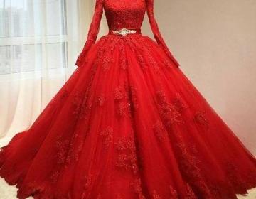 red long sleeve lace gown